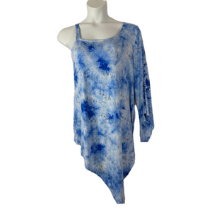 Ashley Stewart Tie Dye Silver One Shoulder Festival Sleeve Tunic TopSKU0469